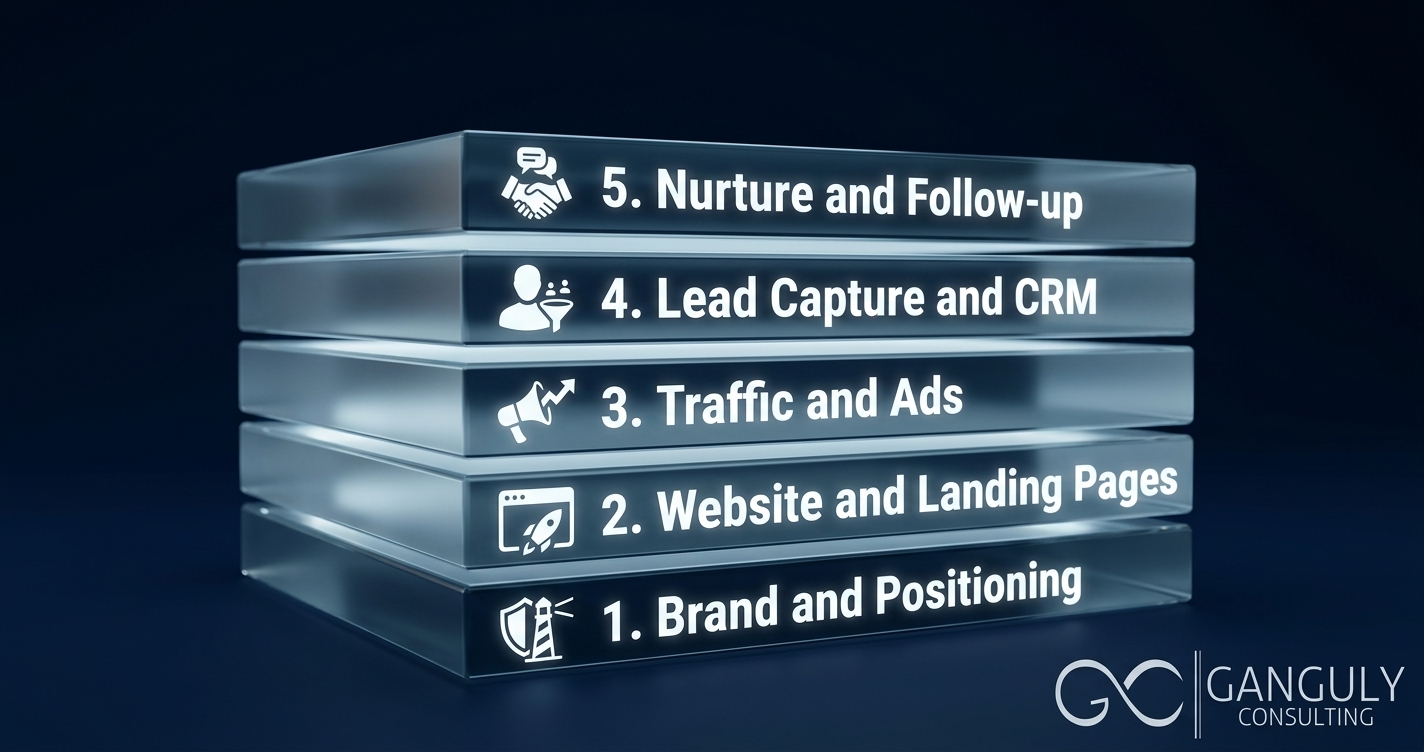 Five labeled layers of a digital growth system shown as a stacked graphic with icons for Brand, Website, Traffic, CRM, and Nurture