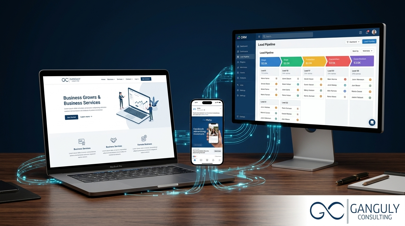 Laptop showing a website, phone showing a Meta ad, and monitor showing a CRM dashboard as separate tools on a desk