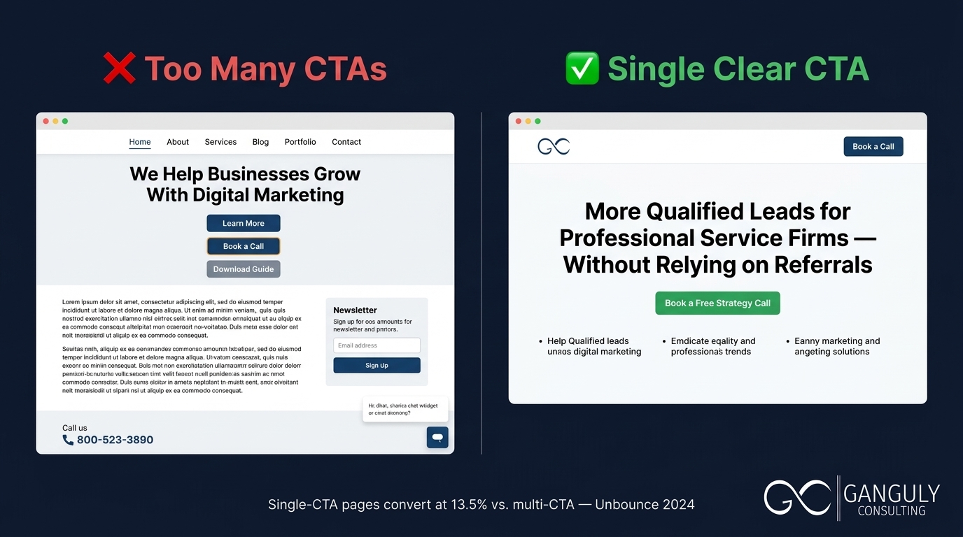 Ganguly Consulting — side-by-side website mockup comparison showing a cluttered multi-CTA layout versus a clean single-CTA layout with clear value proposition